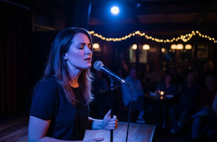 A dramatic close-up of a musician passionately playing guitar on stage, bathed in warm, ethereal spotlighting, capturing the raw emotion and energy of Daylesford intimate gig photography at a cozy Daylesford venue.