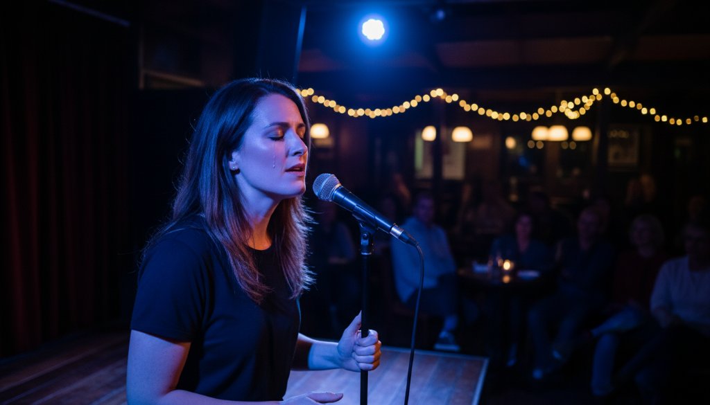 A dramatic close-up of a musician passionately playing guitar on stage, bathed in warm, ethereal spotlighting, capturing the raw emotion and energy of Daylesford intimate gig photography at a cozy Daylesford venue.