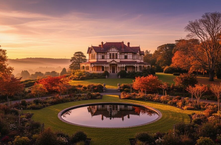 Daylesford luxury real estate photography showcasing a magnificent Federation-era mansion nestled amongst autumn leaves at sunset, with golden light illuminating its grand architecture and surrounding gardens, creating an inviting and aspirational scene.