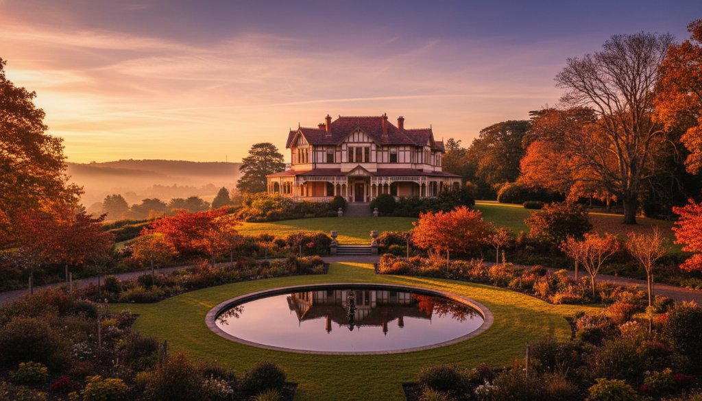 Daylesford luxury real estate photography showcasing a magnificent Federation-era mansion nestled amongst autumn leaves at sunset, with golden light illuminating its grand architecture and surrounding gardens, creating an inviting and aspirational scene.