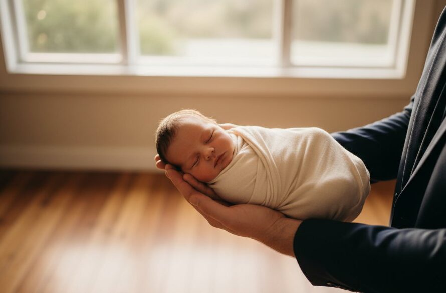 A heartwarming Daylesford newborn photography storytelling Victoria image showing a peaceful baby swaddled in soft linen, cradled in parent's hands, with the warm glow of a Daylesford sunrise filtering through a rustic window, creating a serene and timeless portrait of new life.