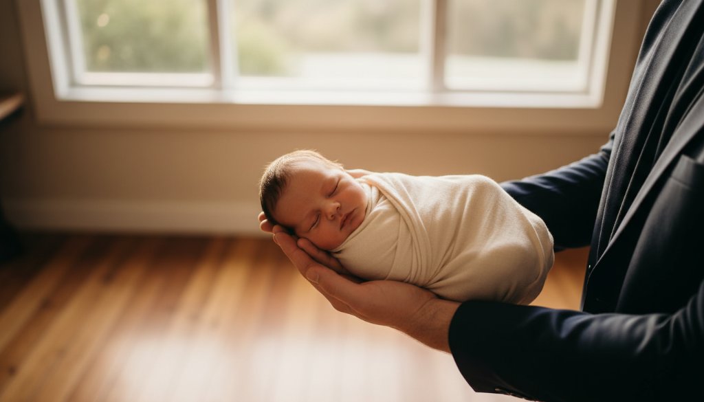 A heartwarming Daylesford newborn photography storytelling Victoria image showing a peaceful baby swaddled in soft linen, cradled in parent's hands, with the warm glow of a Daylesford sunrise filtering through a rustic window, creating a serene and timeless portrait of new life.