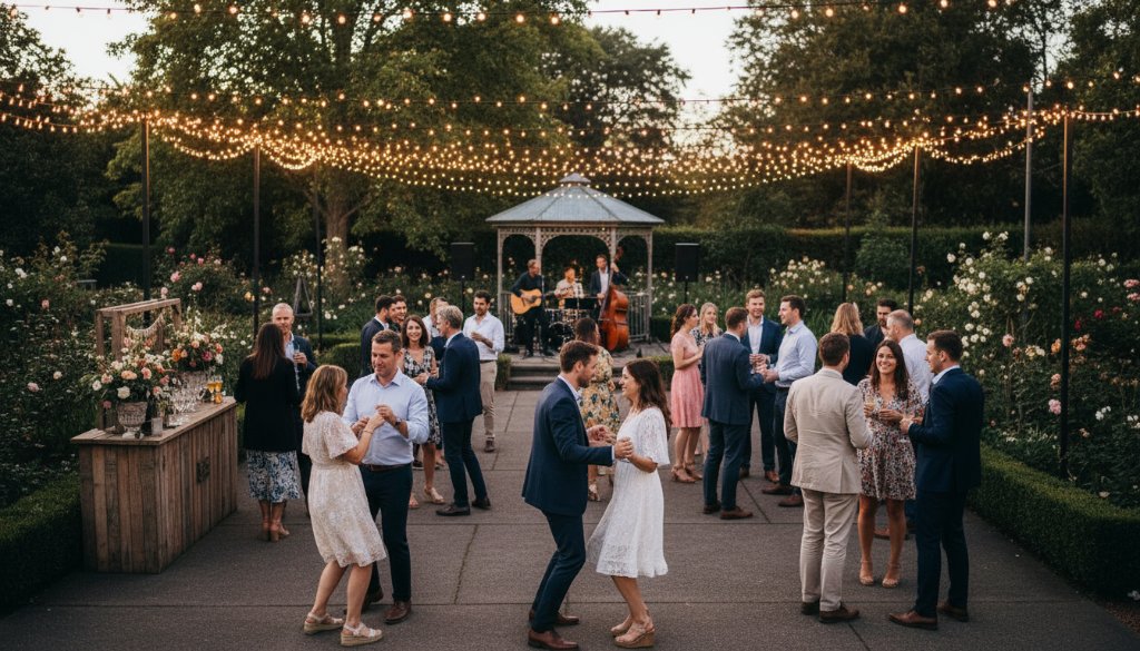 An exhilarating wide-shot captured through Daylesford party photography capturing genuine joy, showing guests laughing and dancing under string lights at a twilight garden party in Daylesford, radiating genuine happiness and celebration.