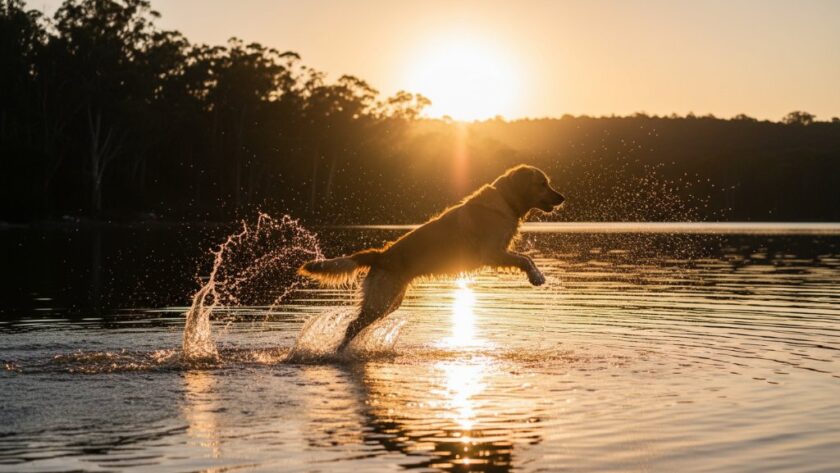 An epic moment captured in Daylesford pet photography scenic outdoor adventure, featuring a golden retriever joyfully leaping through a sun-dappled forest path near Lake Daylesford, Victoria, professional photography with dramatic golden hour lighting.