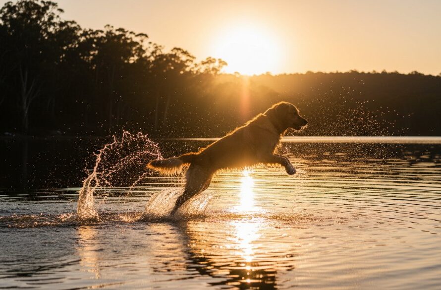 An epic moment captured in Daylesford pet photography scenic outdoor adventure, featuring a golden retriever joyfully leaping through a sun-dappled forest path near Lake Daylesford, Victoria, professional photography with dramatic golden hour lighting.