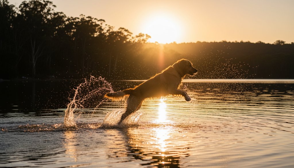 An epic moment captured in Daylesford pet photography scenic outdoor adventure, featuring a golden retriever joyfully leaping through a sun-dappled forest path near Lake Daylesford, Victoria, professional photography with dramatic golden hour lighting.