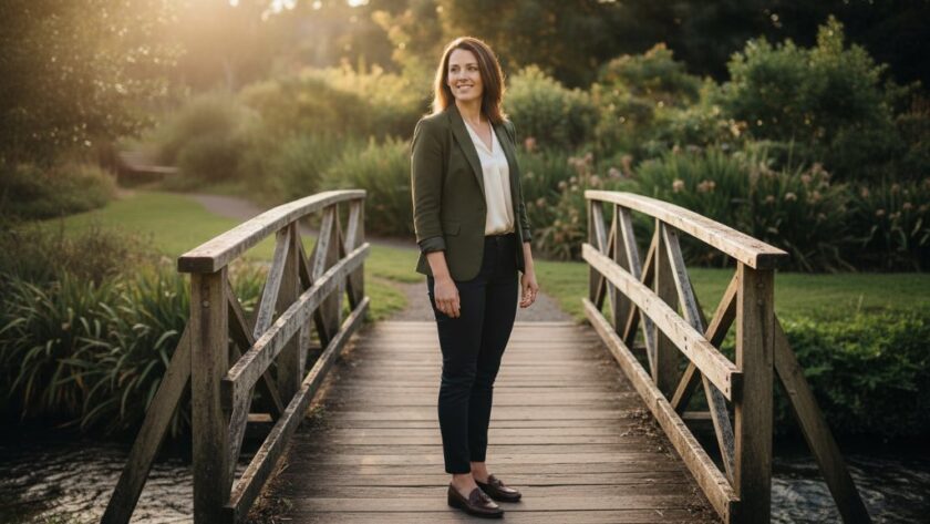 An inspiring and dramatic 'epic moment' style photograph of a confident female entrepreneur receiving her Daylesford professional headshots for entrepreneurs session, captured during golden hour with a beautiful Daylesford landscape in the soft-focused background, showcasing her professional yet approachable demeanor.