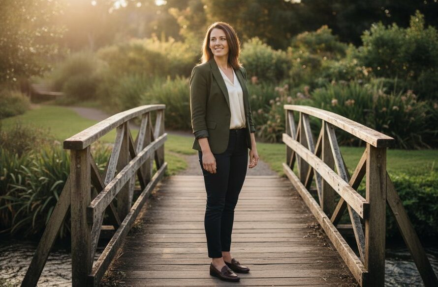 An inspiring and dramatic 'epic moment' style photograph of a confident female entrepreneur receiving her Daylesford professional headshots for entrepreneurs session, captured during golden hour with a beautiful Daylesford landscape in the soft-focused background, showcasing her professional yet approachable demeanor.