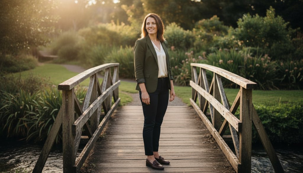 An inspiring and dramatic 'epic moment' style photograph of a confident female entrepreneur receiving her Daylesford professional headshots for entrepreneurs session, captured during golden hour with a beautiful Daylesford landscape in the soft-focused background, showcasing her professional yet approachable demeanor.