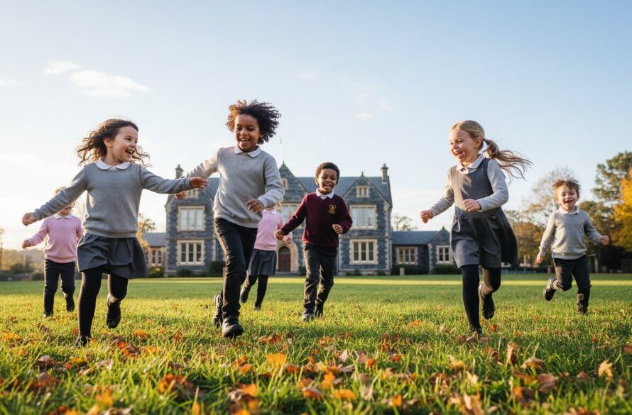 A vibrant, wide-angle shot of primary school children in Daylesford, Victoria, laughing and running through sun-dappled grounds near a historic bluestone building, showcasing joyful Daylesford school photography capturing authentic student joy in a beautiful autumn light, with one child in the foreground reaching up to catch a falling leaf.
