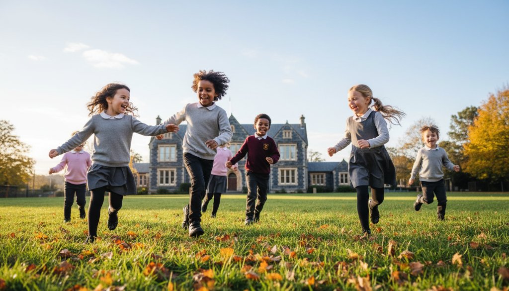 A vibrant, wide-angle shot of primary school children in Daylesford, Victoria, laughing and running through sun-dappled grounds near a historic bluestone building, showcasing joyful Daylesford school photography capturing authentic student joy in a beautiful autumn light, with one child in the foreground reaching up to catch a falling leaf.
