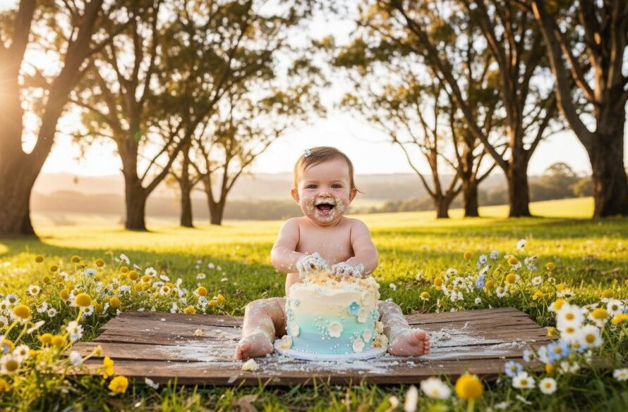A joyful baby girl, covered in cake, laughing brightly during a Daylesford Victoria cake smash photography outdoor session, set against a blurred, golden hour backdrop of lush Daylesford gardens, captured with dramatic lighting and professional colour grading.