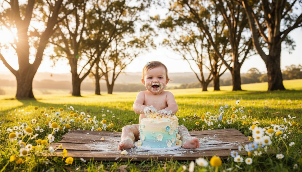 A joyful baby girl, covered in cake, laughing brightly during a Daylesford Victoria cake smash photography outdoor session, set against a blurred, golden hour backdrop of lush Daylesford gardens, captured with dramatic lighting and professional colour grading.