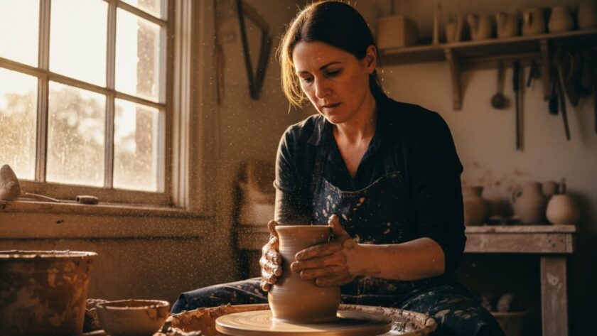 Stunning editorial photograph capturing an artisan potter's hands shaping clay on a wheel in a sunlit Daylesford studio, showcasing the essence of Daylesford Victoria editorial photography for artisan brands.