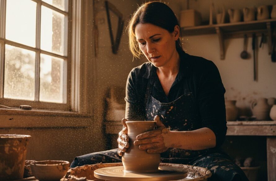 Stunning editorial photograph capturing an artisan potter's hands shaping clay on a wheel in a sunlit Daylesford studio, showcasing the essence of Daylesford Victoria editorial photography for artisan brands.