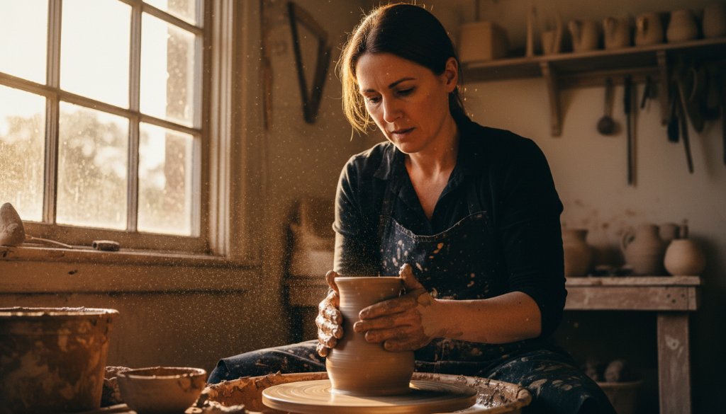 Stunning editorial photograph capturing an artisan potter's hands shaping clay on a wheel in a sunlit Daylesford studio, showcasing the essence of Daylesford Victoria editorial photography for artisan brands.