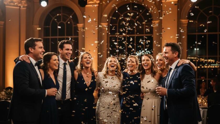 Deepdene Bespoke Event Photography Melbourne capturing an epic moment of joyous guests celebrating at a beautifully lit evening event, with laughter, confetti, and professional dynamic lighting, showcasing authentic emotion.