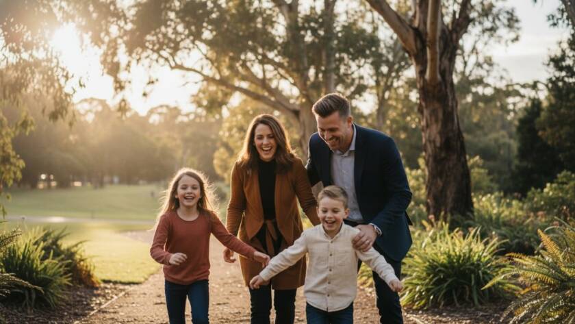 A heartwarming Deepdene candid photo capturing authentic joy, showing a family laughing together during golden hour in a beautiful park setting, professionally colour-graded with dramatic lighting.