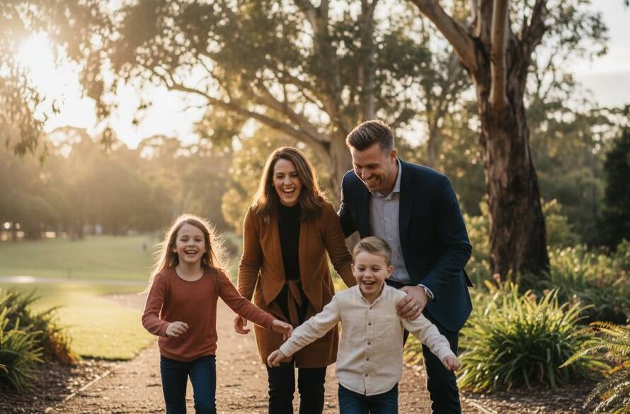 A heartwarming Deepdene candid photo capturing authentic joy, showing a family laughing together during golden hour in a beautiful park setting, professionally colour-graded with dramatic lighting.