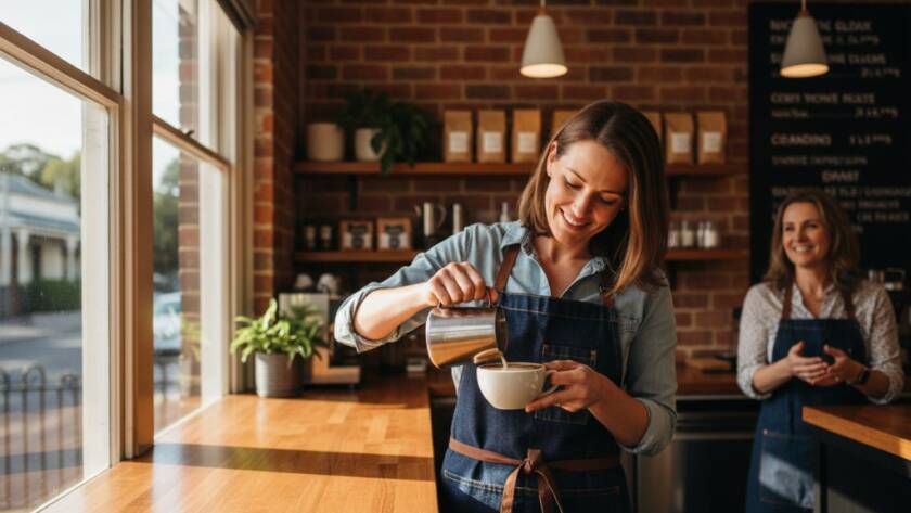 Dramatic, wide-angle shot of a thriving local Deepdene cafe owner proudly serving a customer, bathed in golden hour light, showcasing the quality of Deepdene commercial photography for local businesses, with a blurred background of bustling Deepdene street life.
