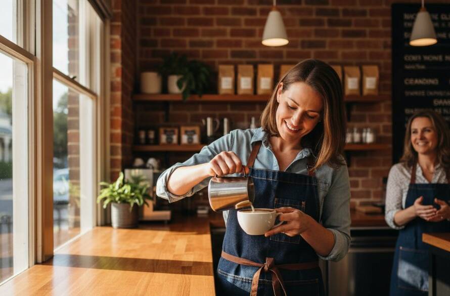 Dramatic, wide-angle shot of a thriving local Deepdene cafe owner proudly serving a customer, bathed in golden hour light, showcasing the quality of Deepdene commercial photography for local businesses, with a blurred background of bustling Deepdene street life.
