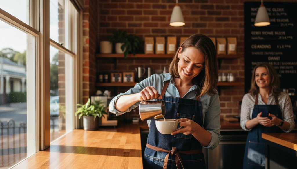 Dramatic, wide-angle shot of a thriving local Deepdene cafe owner proudly serving a customer, bathed in golden hour light, showcasing the quality of Deepdene commercial photography for local businesses, with a blurred background of bustling Deepdene street life.