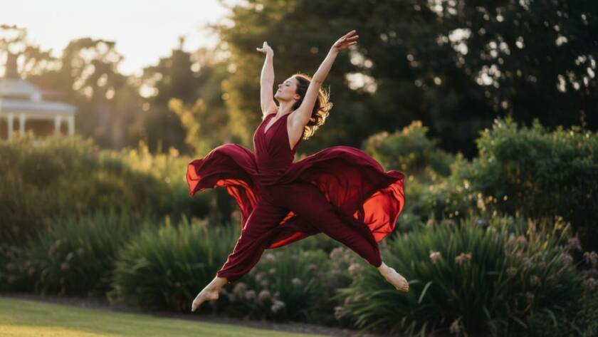 A dynamic and emotionally charged photograph showcasing Deepdene dance photography vibrant storytelling, featuring a dancer mid-air in an epic, dramatic leap against a blurred Deepdene park backdrop at sunset, with golden hour lighting.
