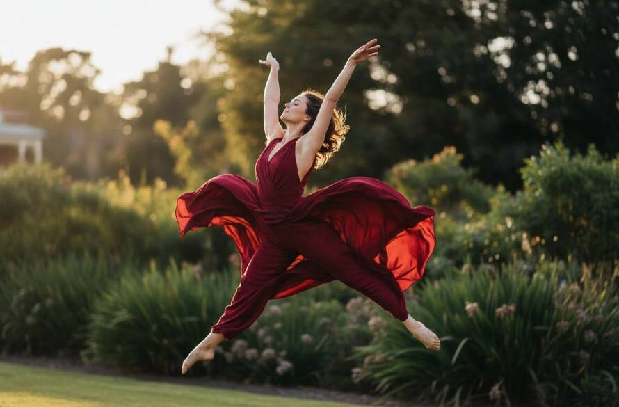 A dynamic and emotionally charged photograph showcasing Deepdene dance photography vibrant storytelling, featuring a dancer mid-air in an epic, dramatic leap against a blurred Deepdene park backdrop at sunset, with golden hour lighting.