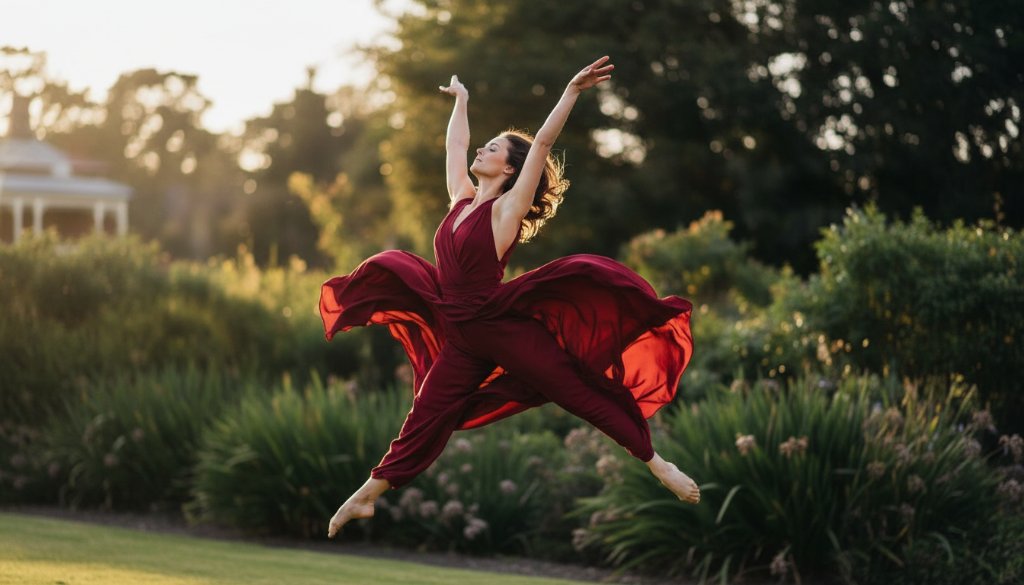 A dynamic and emotionally charged photograph showcasing Deepdene dance photography vibrant storytelling, featuring a dancer mid-air in an epic, dramatic leap against a blurred Deepdene park backdrop at sunset, with golden hour lighting.