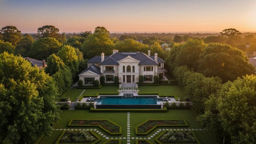 An breathtaking aerial view of a grand luxury property nestled amongst the lush, tree-lined streets of Deepdene, Victoria, captured with professional Deepdene drone photography, showcasing its expansive grounds and elegant design under a golden hour glow, perfect for luxury property listings.