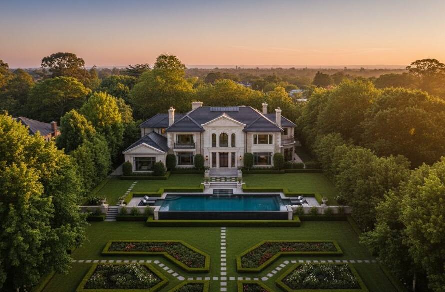 An breathtaking aerial view of a grand luxury property nestled amongst the lush, tree-lined streets of Deepdene, Victoria, captured with professional Deepdene drone photography, showcasing its expansive grounds and elegant design under a golden hour glow, perfect for luxury property listings.