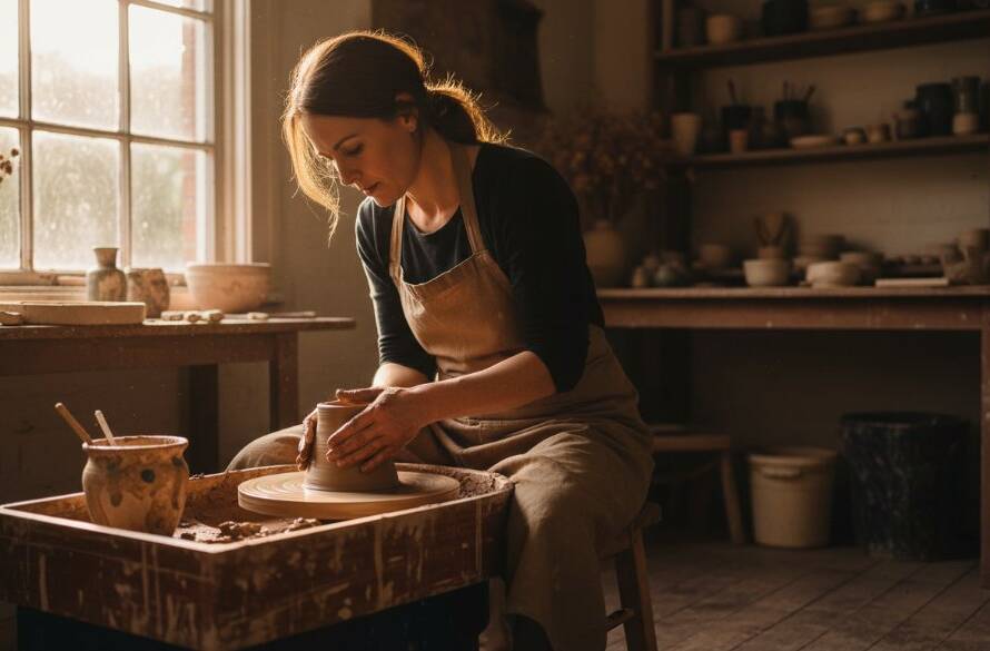 A striking Deepdene editorial photograph capturing a local artisan meticulously crafting their product in a naturally lit studio, showcasing the passion behind a local business story, with professional colour grading and dramatic lighting.