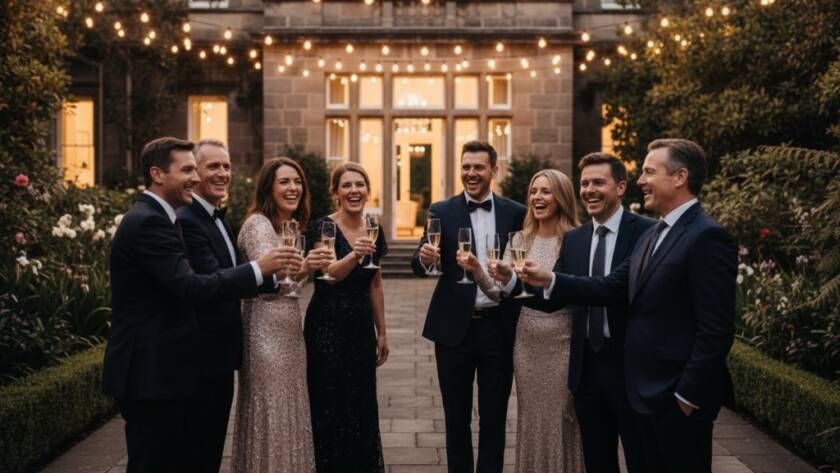A candid, vibrant photograph of a Deepdene event photography capturing genuine joy, showing guests laughing heartily under string lights at a beautiful outdoor venue, illuminated by warm, dramatic evening light.