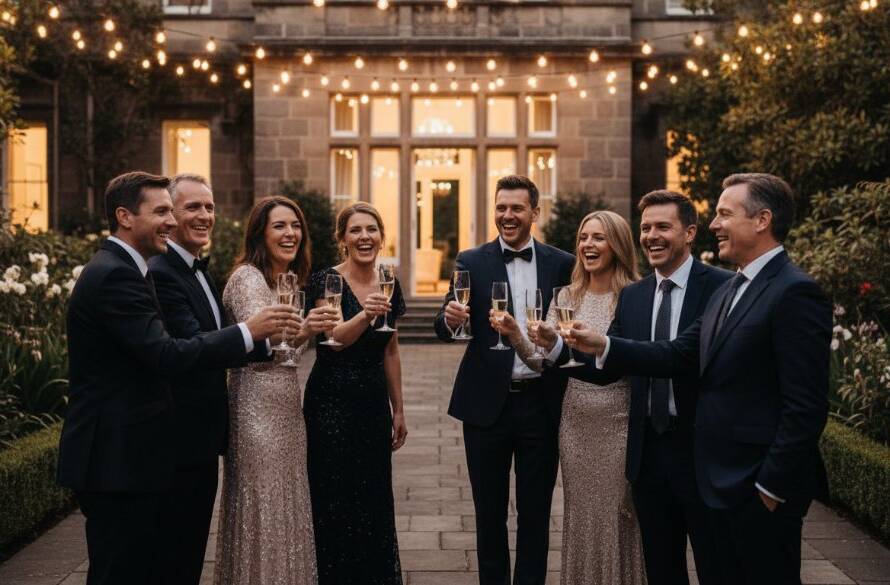 A candid, vibrant photograph of a Deepdene event photography capturing genuine joy, showing guests laughing heartily under string lights at a beautiful outdoor venue, illuminated by warm, dramatic evening light.