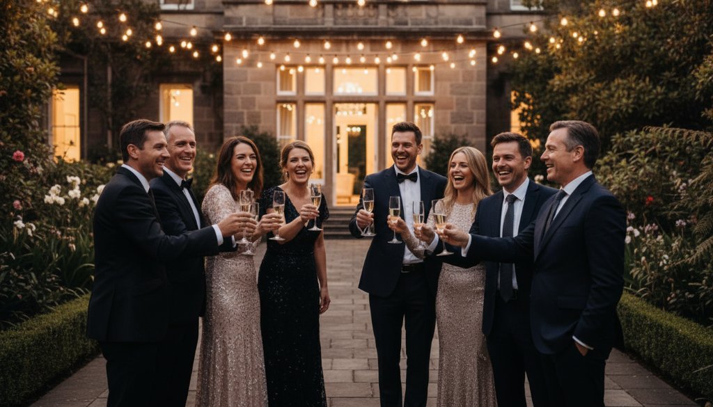 A candid, vibrant photograph of a Deepdene event photography capturing genuine joy, showing guests laughing heartily under string lights at a beautiful outdoor venue, illuminated by warm, dramatic evening light.