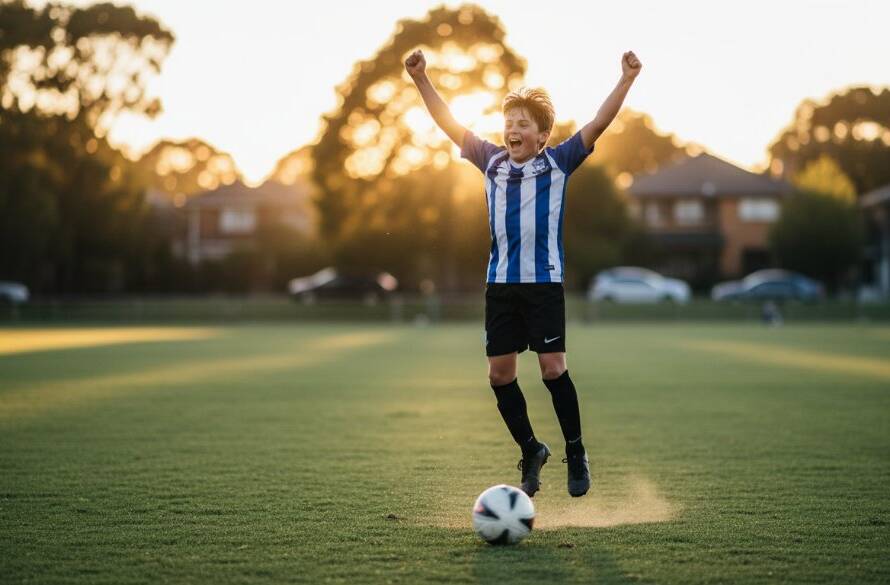A dramatic, low-angle shot of a young athlete in Deepdene celebrating a goal during a junior soccer match, with the sun setting dramatically in the background, perfectly illustrating Deepdene junior sports photography capturing epic moments.