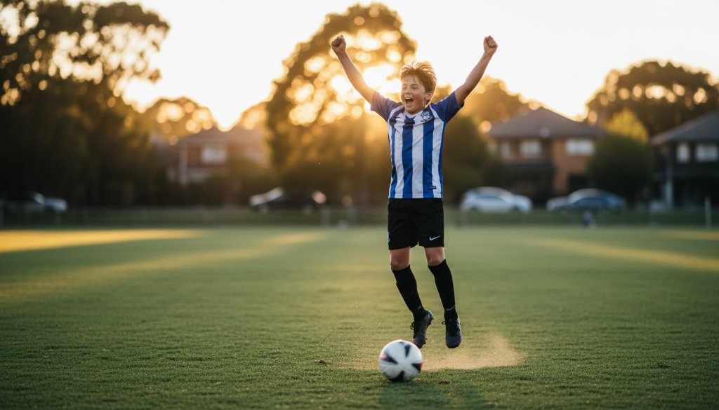 A dramatic, low-angle shot of a young athlete in Deepdene celebrating a goal during a junior soccer match, with the sun setting dramatically in the background, perfectly illustrating Deepdene junior sports photography capturing epic moments.