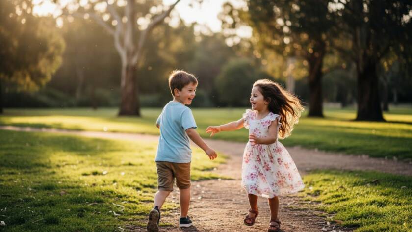 An epic moment of Deepdene kids photography capturing genuine joy, showing two siblings laughing heartily while running through dappled sunlight in a lush Deepdene park, with golden light backlighting their hair and creating a magical, cinematic feel.