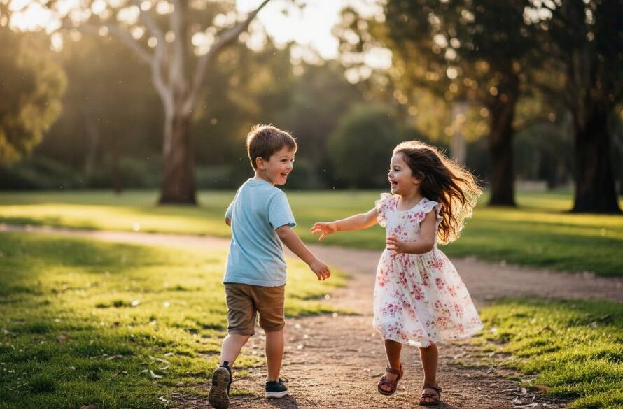 An epic moment of Deepdene kids photography capturing genuine joy, showing two siblings laughing heartily while running through dappled sunlight in a lush Deepdene park, with golden light backlighting their hair and creating a magical, cinematic feel.