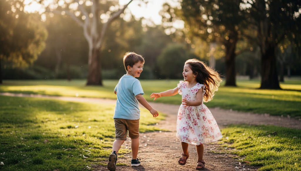 An epic moment of Deepdene kids photography capturing genuine joy, showing two siblings laughing heartily while running through dappled sunlight in a lush Deepdene park, with golden light backlighting their hair and creating a magical, cinematic feel.