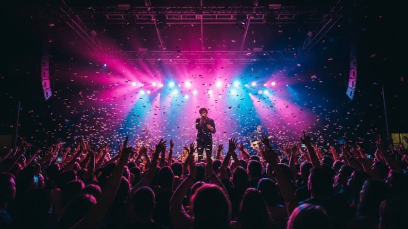 Epic wide shot of a band performing on stage at a vibrant Deepdene music venue, captured by Deepdene Live Gig Photography Melbourne. Dramatic stage lights silhouette the lead singer mid-scream, with a sea of enthusiastic audience members hands raised in the foreground, professional colour grading.