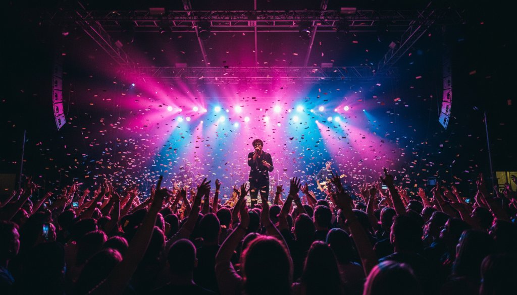 Epic wide shot of a band performing on stage at a vibrant Deepdene music venue, captured by Deepdene Live Gig Photography Melbourne. Dramatic stage lights silhouette the lead singer mid-scream, with a sea of enthusiastic audience members hands raised in the foreground, professional colour grading.