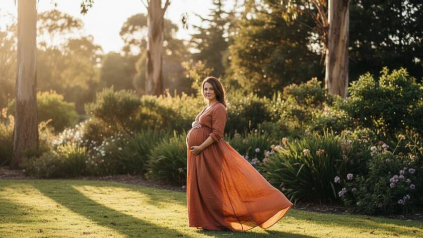 A glowing expectant mother in Deepdene, captured with a deep golden hour light for Deepdene maternity photography Victoria timeless glow, standing gracefully amidst lush, soft-focused greenery, evoking a serene and powerful maternal connection.