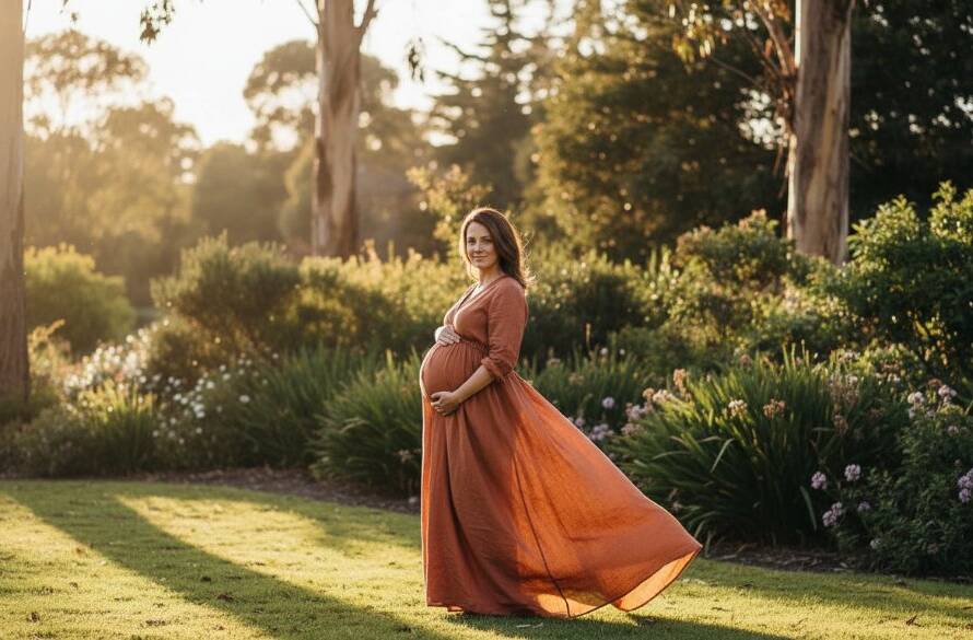 A glowing expectant mother in Deepdene, captured with a deep golden hour light for Deepdene maternity photography Victoria timeless glow, standing gracefully amidst lush, soft-focused greenery, evoking a serene and powerful maternal connection.