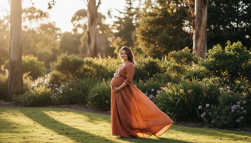 A glowing expectant mother in Deepdene, captured with a deep golden hour light for Deepdene maternity photography Victoria timeless glow, standing gracefully amidst lush, soft-focused greenery, evoking a serene and powerful maternal connection.