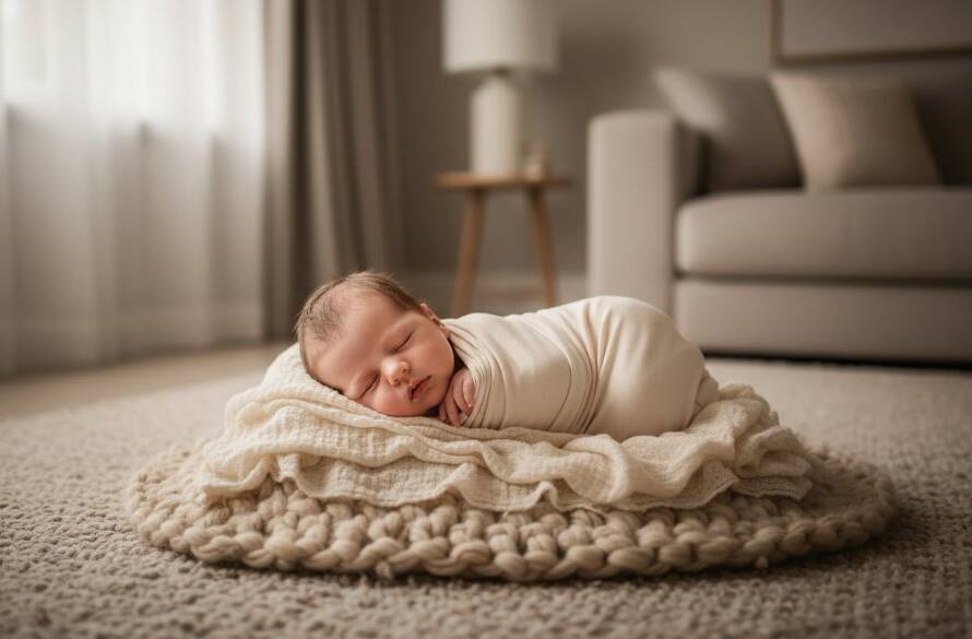 A tender, cinematic wide-angle shot of a Deepdene newborn photography bespoke artistic session, featuring a tiny baby swaddled in soft organic fabric, gently cradled in parents' hands, bathed in ethereal soft window light filtering through sheer curtains in a beautifully styled Deepdene home, creating an angelic glow and evoking pure, timeless love.