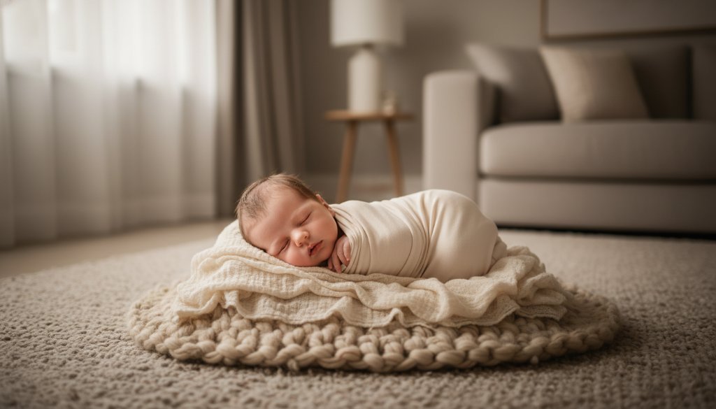 A tender, cinematic wide-angle shot of a Deepdene newborn photography bespoke artistic session, featuring a tiny baby swaddled in soft organic fabric, gently cradled in parents' hands, bathed in ethereal soft window light filtering through sheer curtains in a beautifully styled Deepdene home, creating an angelic glow and evoking pure, timeless love.