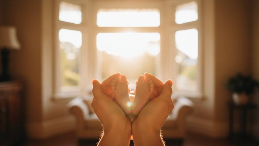 An angelic baby peacefully sleeping, swaddled in soft white fabric, bathed in warm, soft natural light near a large window in a serene Deepdene home, encapsulating Deepdene newborn photography delicate moments with a focus on their tiny hands. Professional, color-graded, cinematic style.