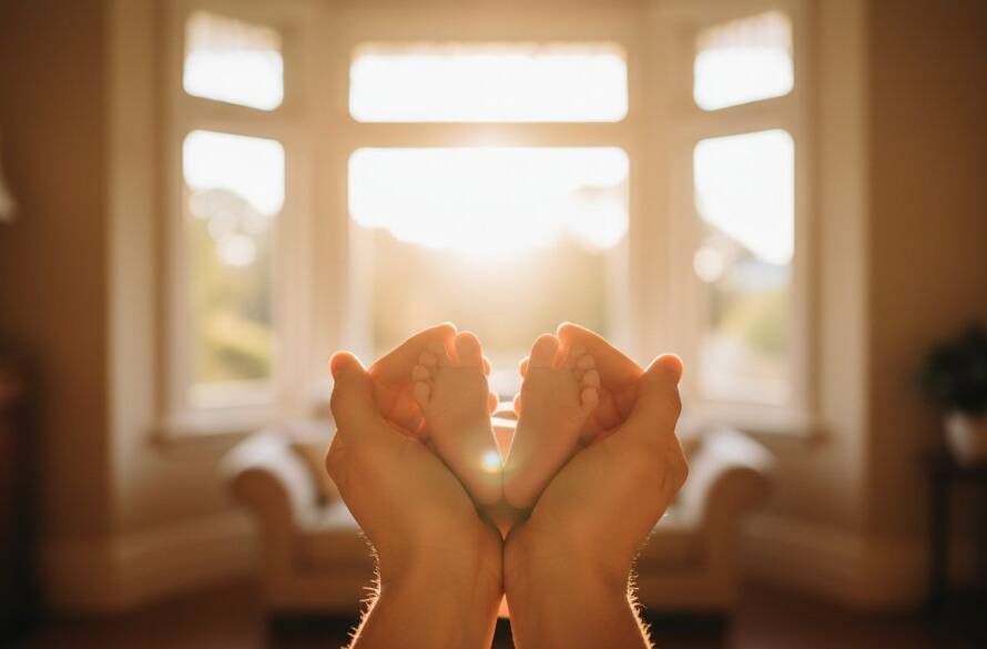 An angelic baby peacefully sleeping, swaddled in soft white fabric, bathed in warm, soft natural light near a large window in a serene Deepdene home, encapsulating Deepdene newborn photography delicate moments with a focus on their tiny hands. Professional, color-graded, cinematic style.