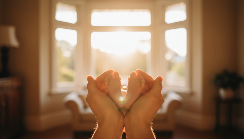 An angelic baby peacefully sleeping, swaddled in soft white fabric, bathed in warm, soft natural light near a large window in a serene Deepdene home, encapsulating Deepdene newborn photography delicate moments with a focus on their tiny hands. Professional, color-graded, cinematic style.